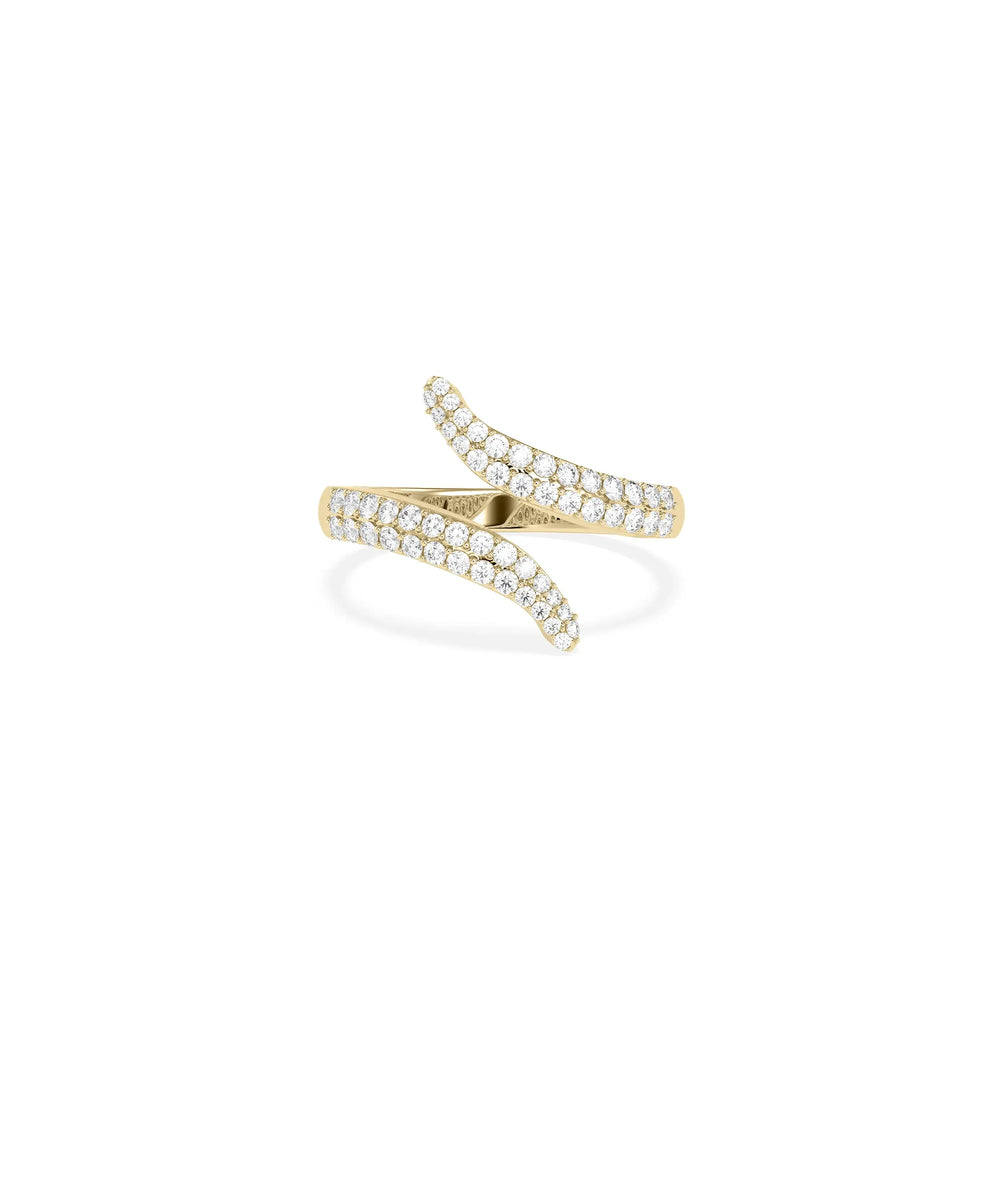Bypass Pave Ring with diamond-covered crossover bands in open design