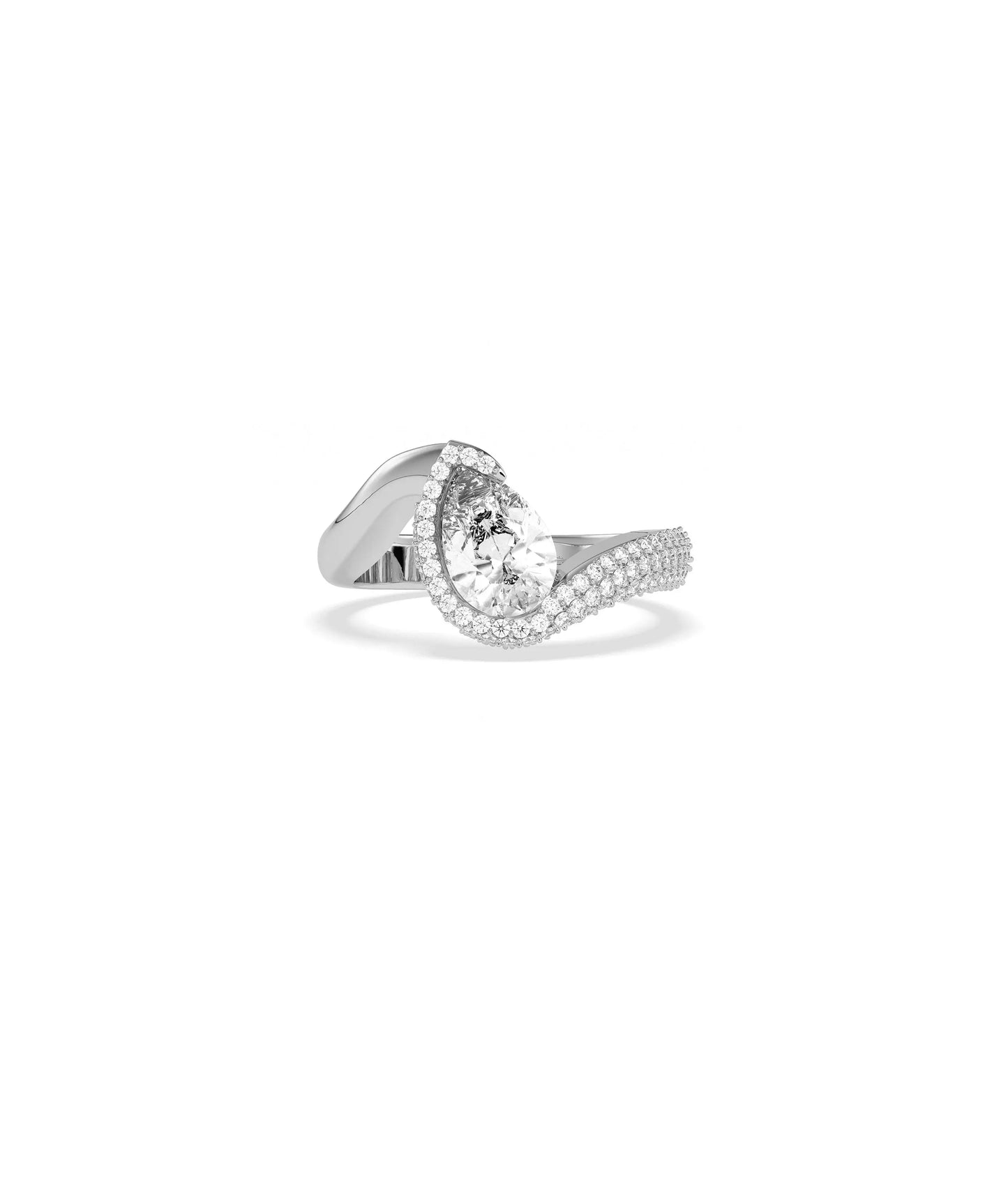 Close-up of Solitaire and Pave Wave Ring showing flowing pavé detail