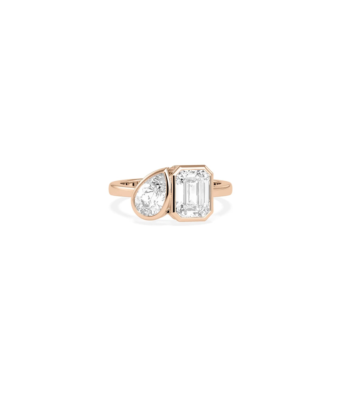 Top perspective of Solitaire Bezel Set Toi-Et-Moi Ring showcasing symmetry