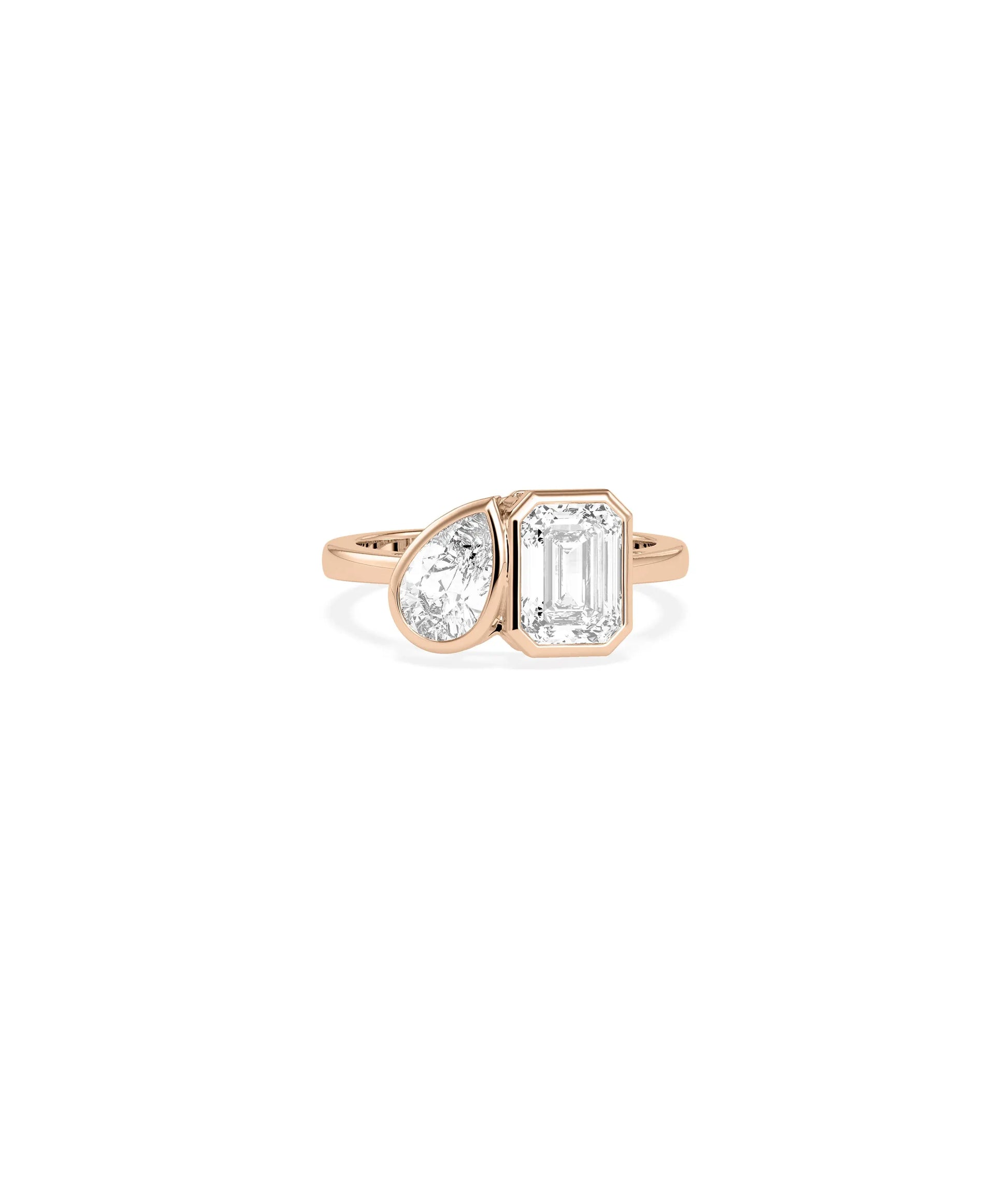 Top perspective of Solitaire Bezel Set Toi-Et-Moi Ring showcasing symmetry