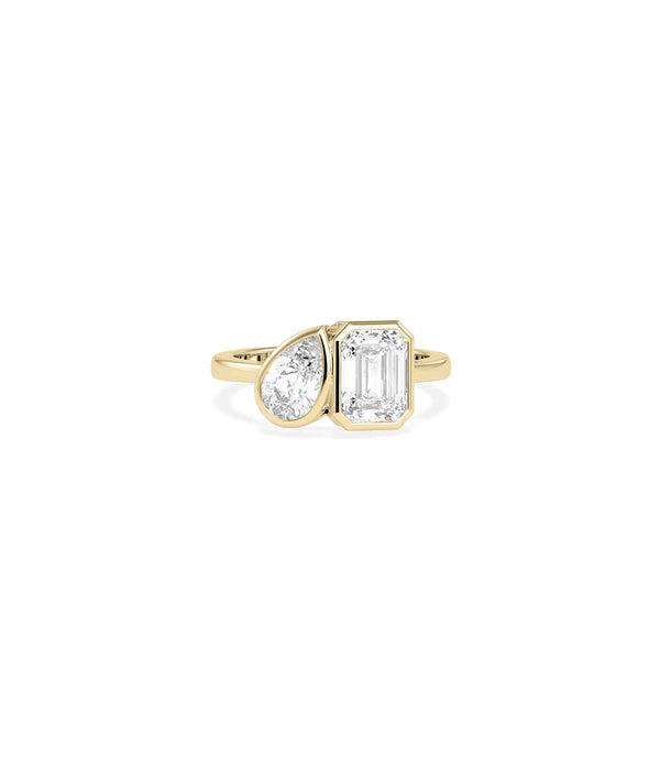 Close-up of Solitaire Bezel Set Toi-Et-Moi Ring showing dual bezel settings