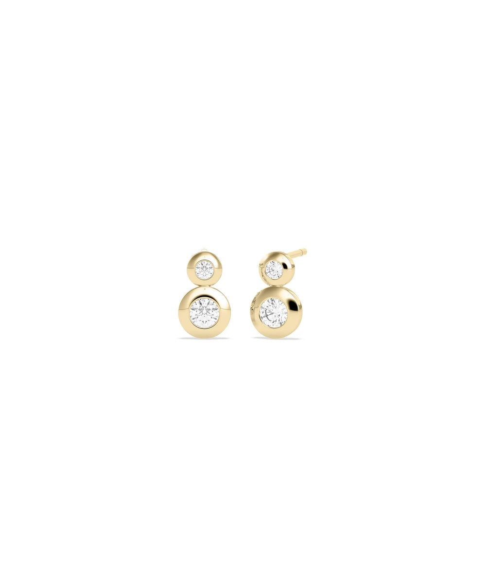  2 Stone Bezel Set Stud Earrings with dual diamonds in modern gold setting