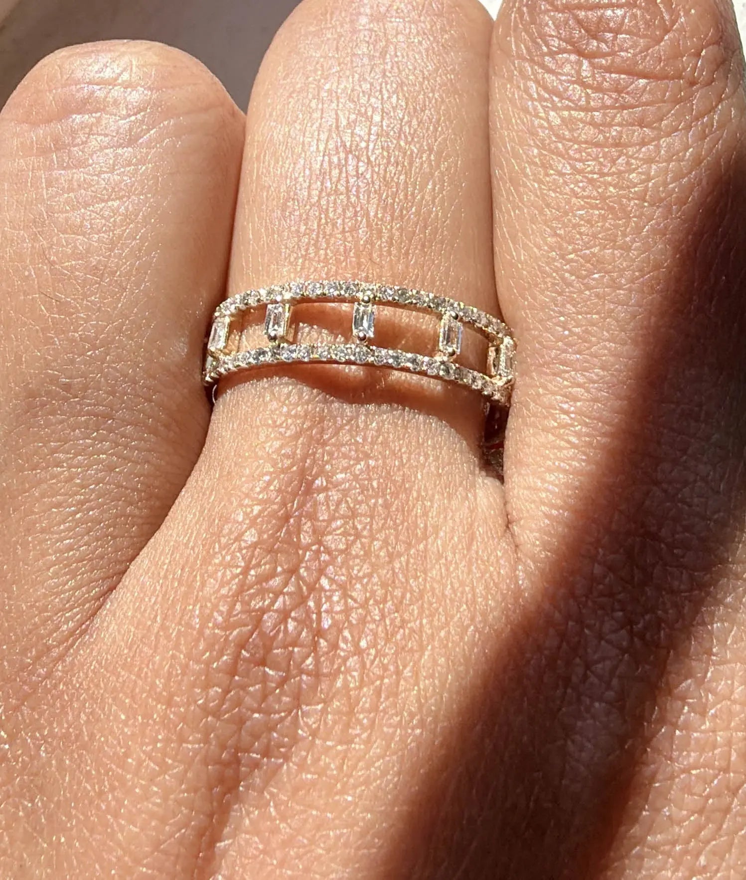 Diamond 2 Line Eternity Band Ring with Baguettes on hand displaying eternity styling