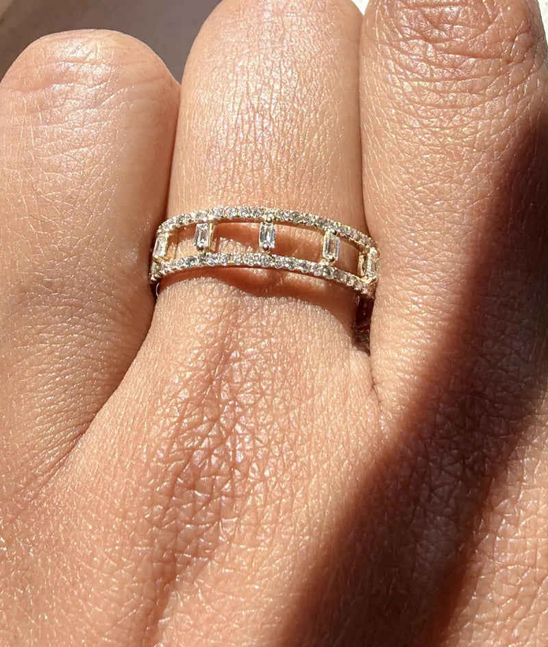 Diamond 2 Line Eternity Band Ring with Baguettes on hand displaying eternity styling