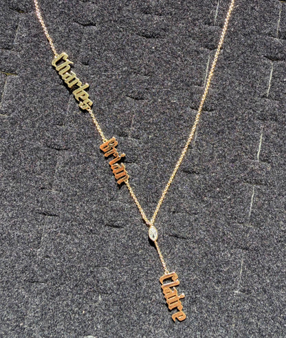 Custom 3 Name Y Shape Necklace with Solitaire