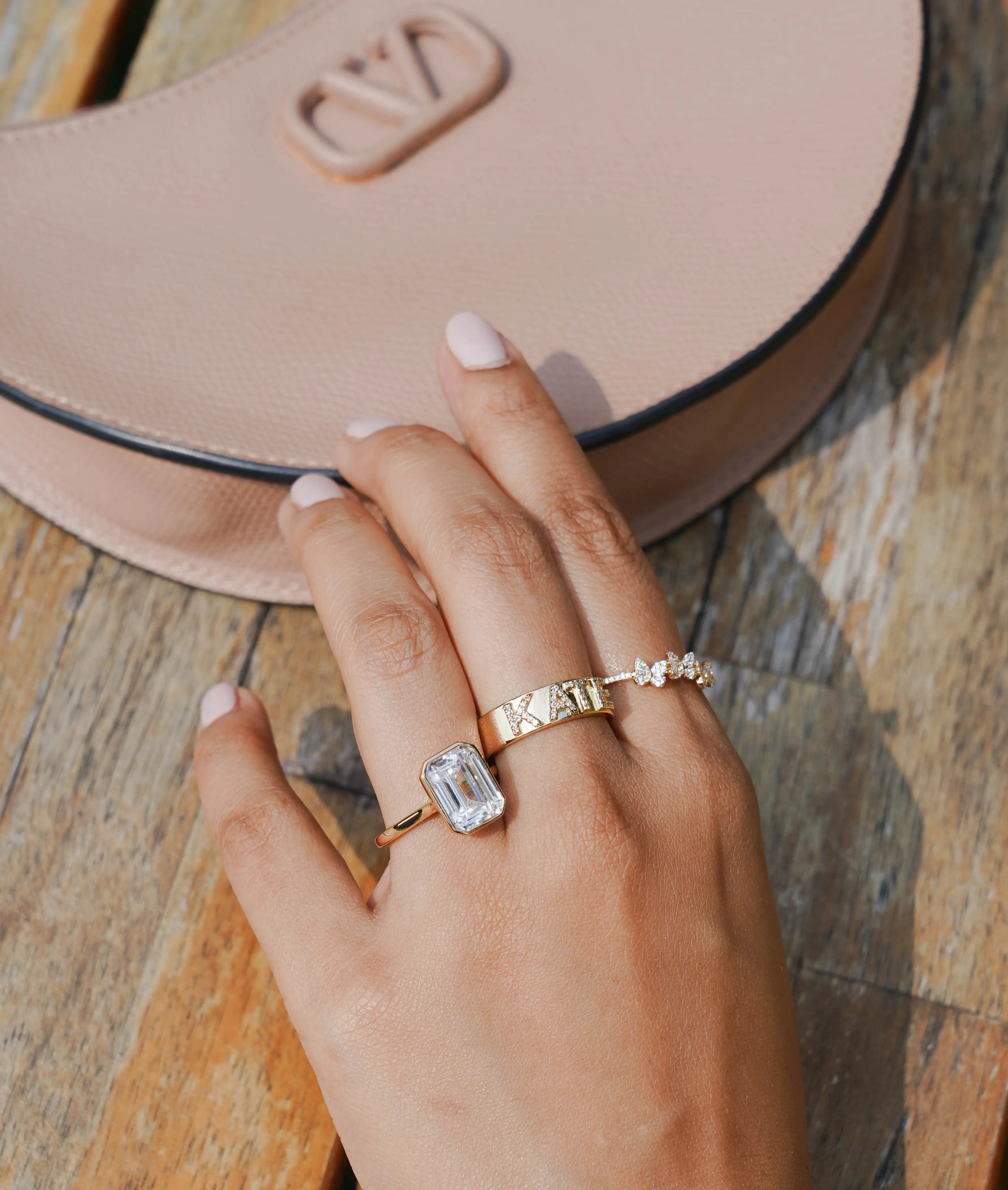 Diamond Name Band Ring on hand showing comfortable fit and sparkle