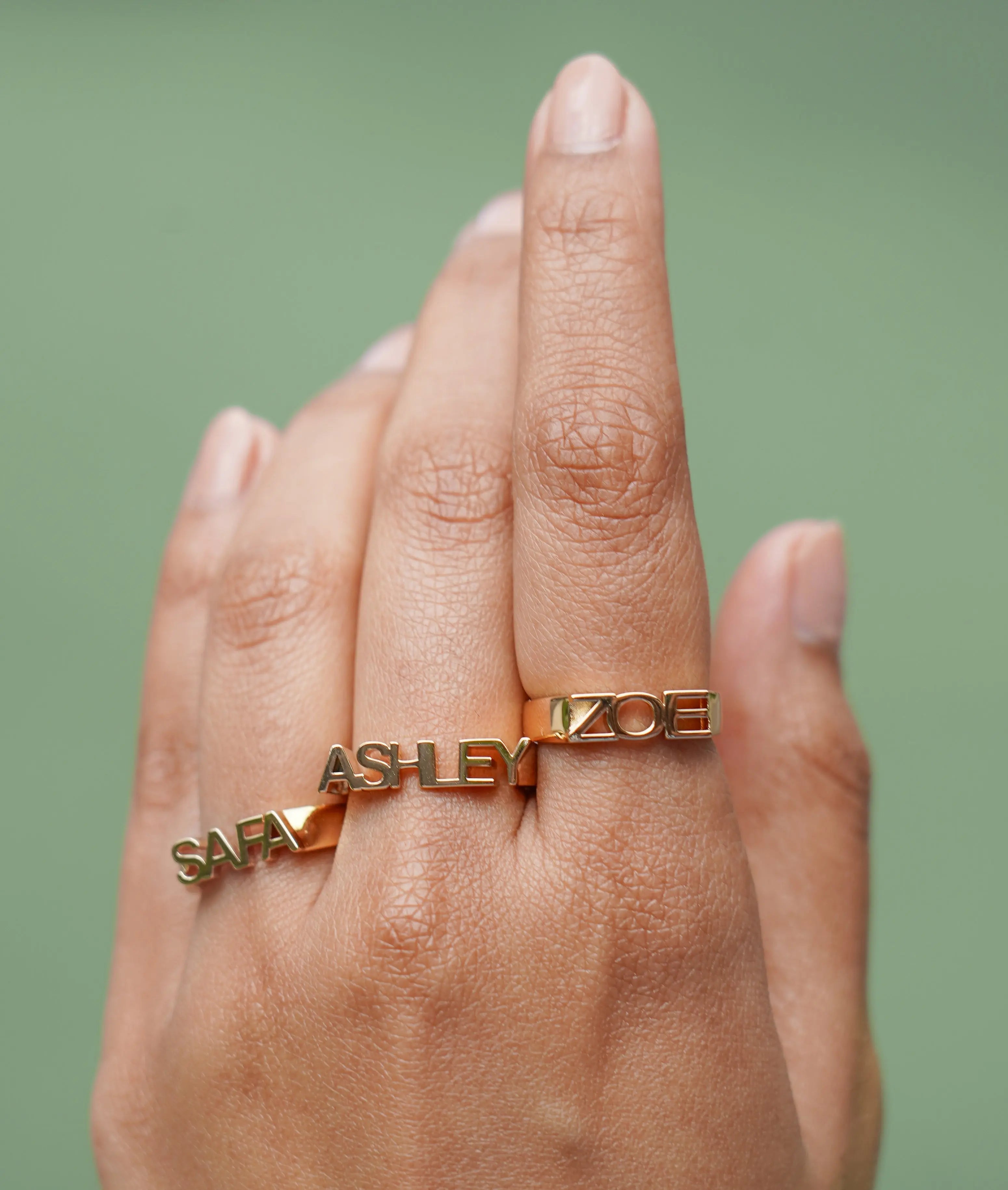 Gold Name Ring side profile displaying 5mm initial width and depth