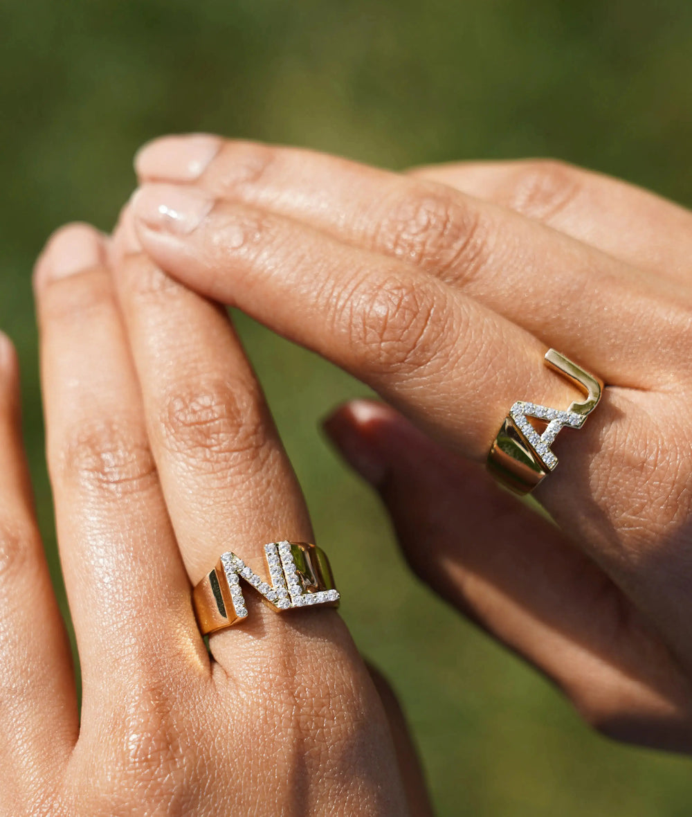 Bold Diamond and Gold Initials Ring side profile substantial band depth