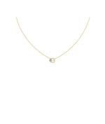 Bezel set pear lab diamond solitaire necklace on a delicate yellow gold ball chain