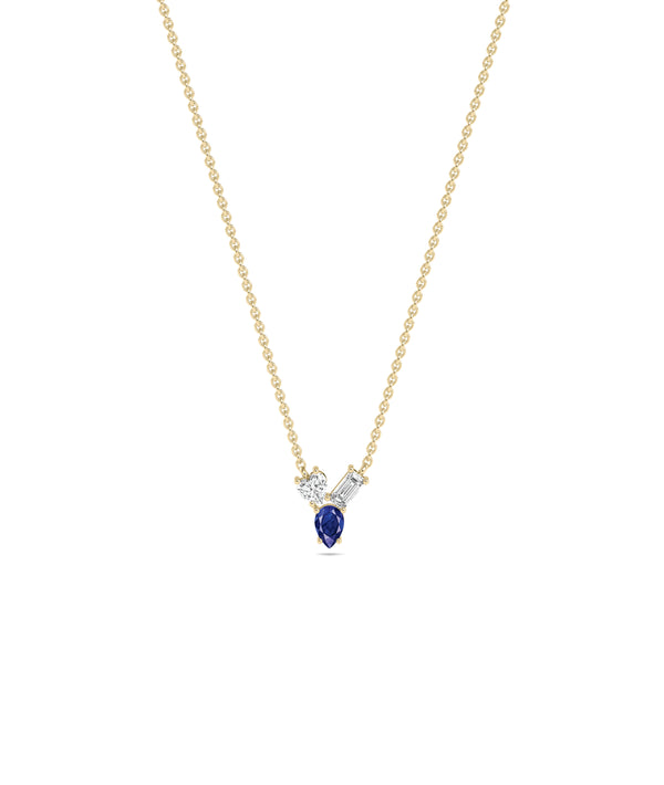 Multi shape 3 stone solitaire necklace in 14K yellow gold with blue sapphire alternate view