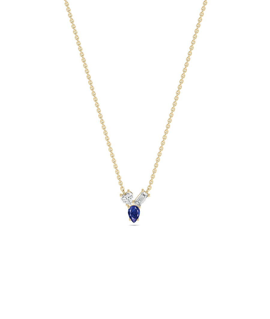 Multi shape 3 stone solitaire necklace in 14K yellow gold with blue sapphire