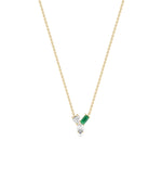 Multi shape 3 stone solitaire necklace in 14K yellow gold with emerald gemstone