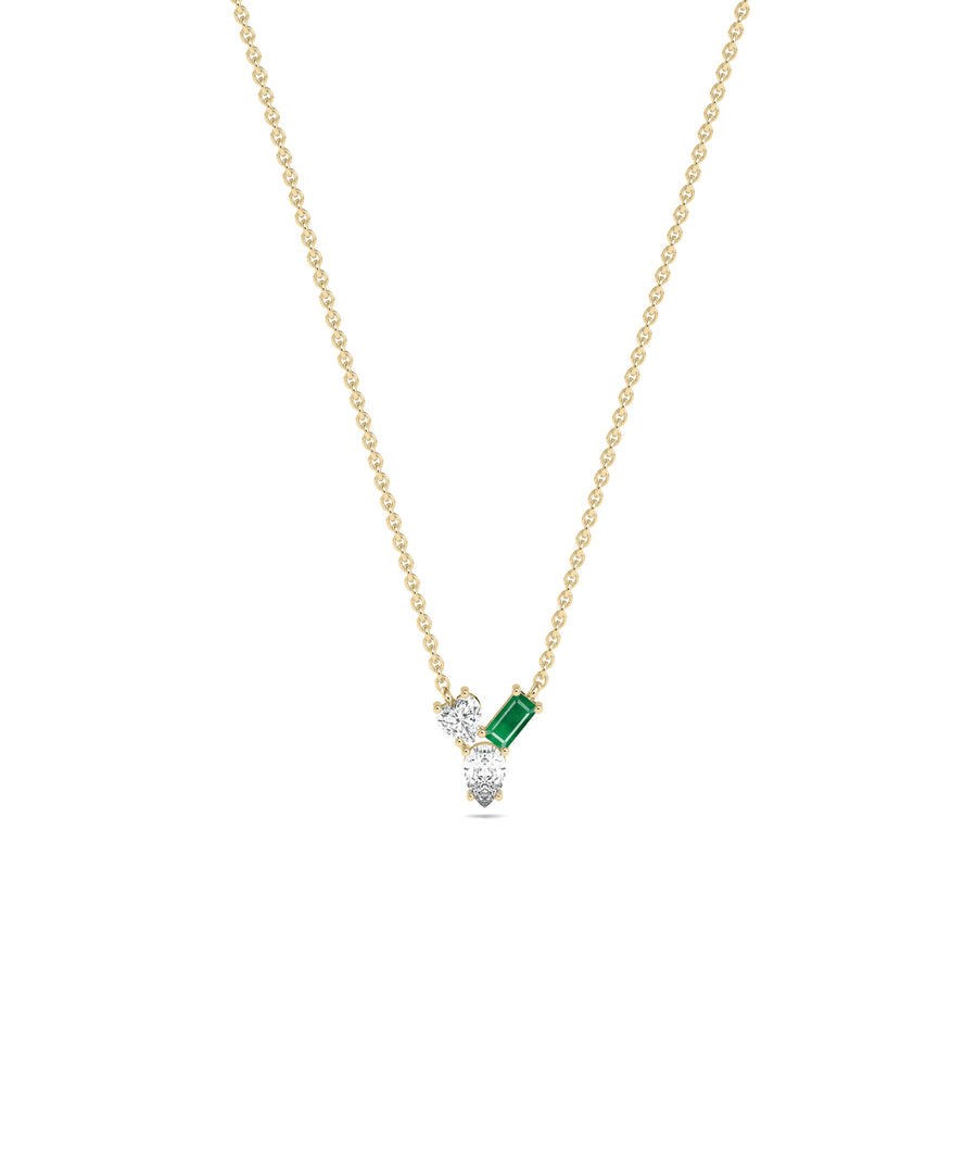 Multi shape 3 stone solitaire necklace in 14K yellow gold with emerald gemstone
