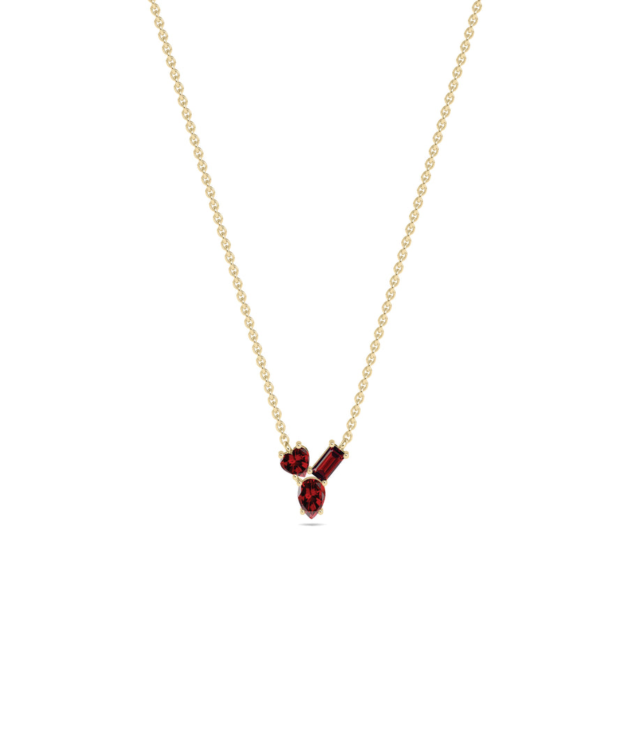 Multi shape 3 stone solitaire necklace in 14K yellow gold with garnet gemstones