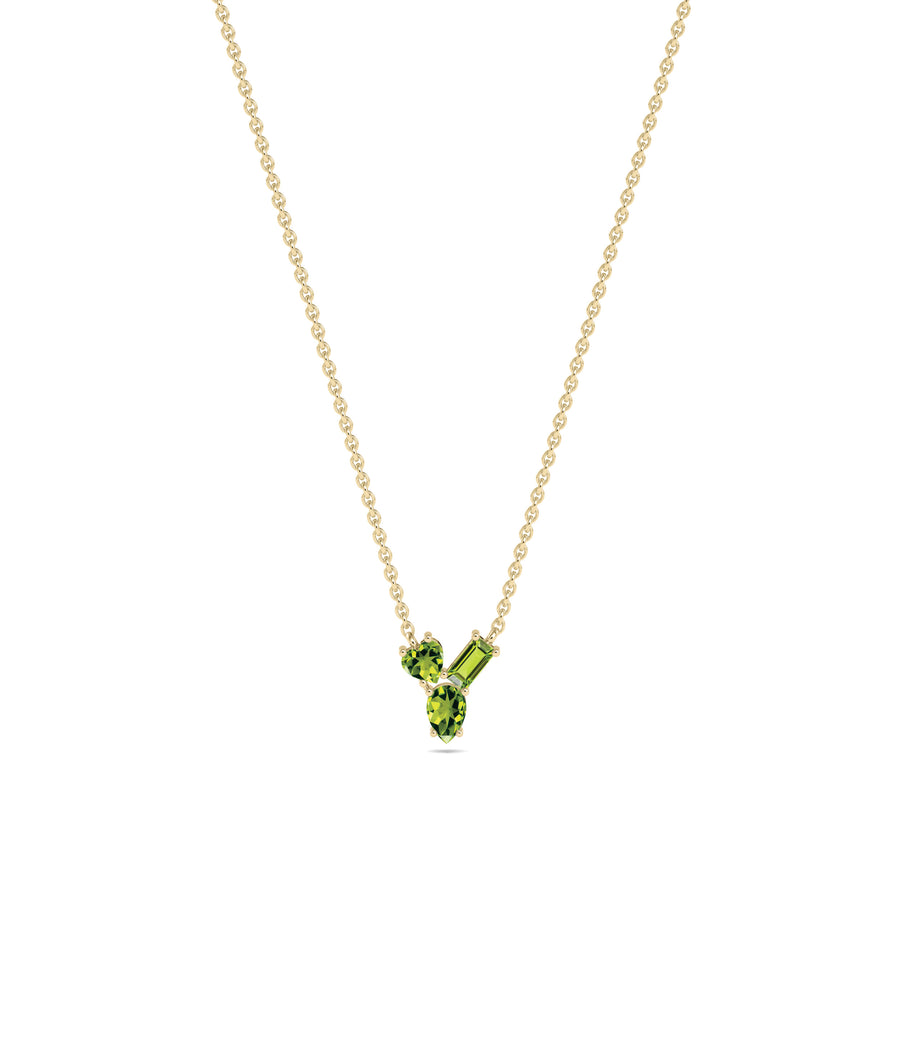 Multi shape 3 stone solitaire necklace in 14K yellow gold with peridot gemstones