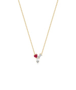 Multi shape 3 stone solitaire necklace in 14K yellow gold with ruby gemstones