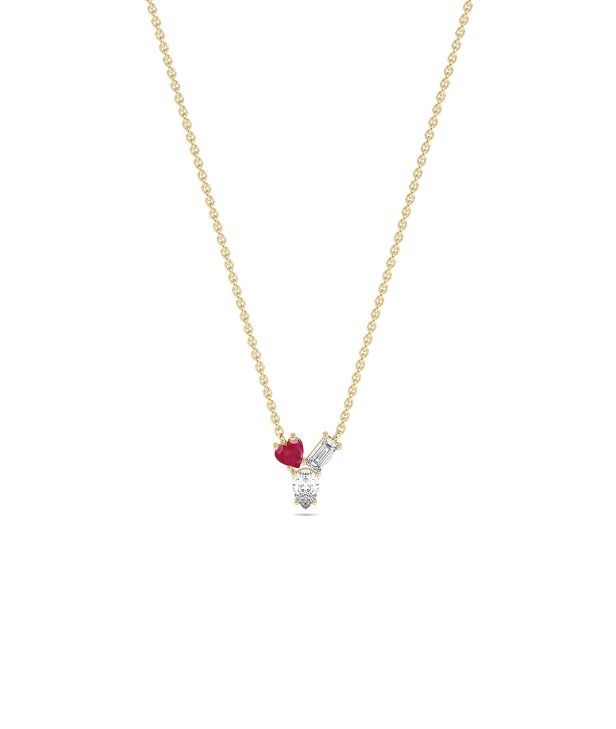 Multi shape 3 stone solitaire necklace in 14K yellow gold with ruby gemstones