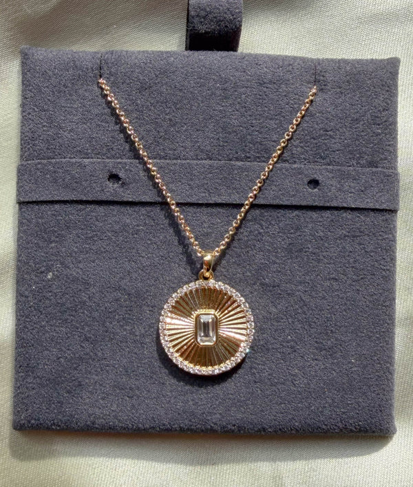 Diamond outline fluted circle solitaire pendant necklace in yellow gold alternate view