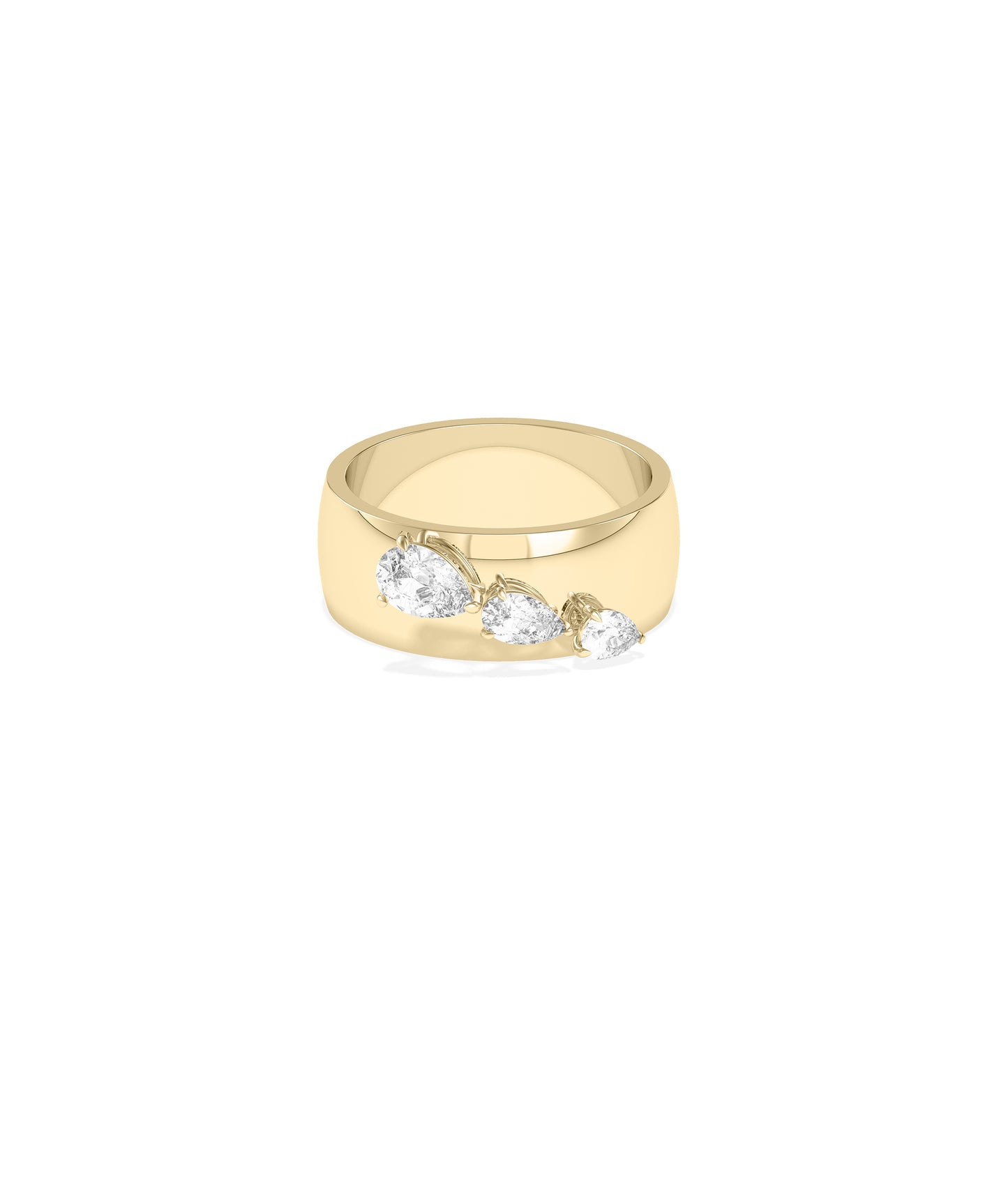 Wide polished yellow gold band ring with three graduating pear-cut diamonds set in prongs along the front.