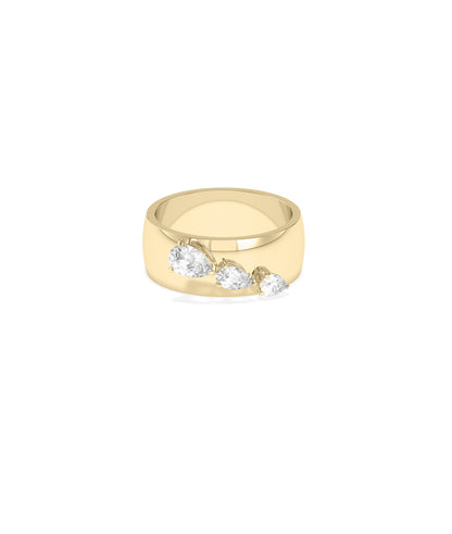 Wide polished yellow gold band ring with three graduating pear-cut diamonds set in prongs along the front.