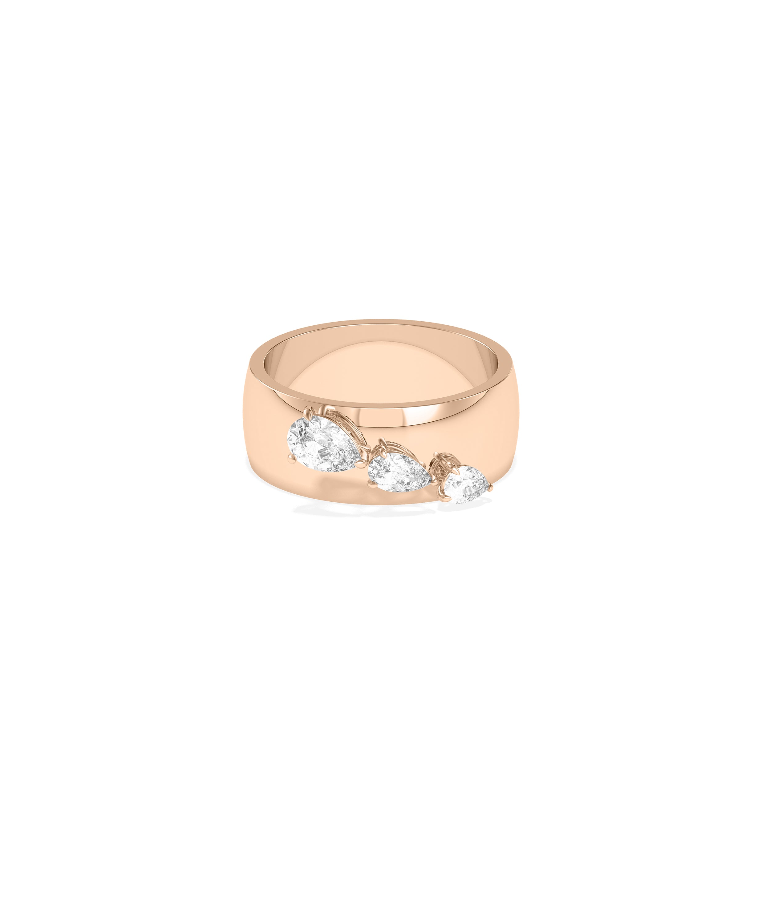 Wide rose gold band ring featuring three graduating pear-cut diamonds set in prongs along the front face.