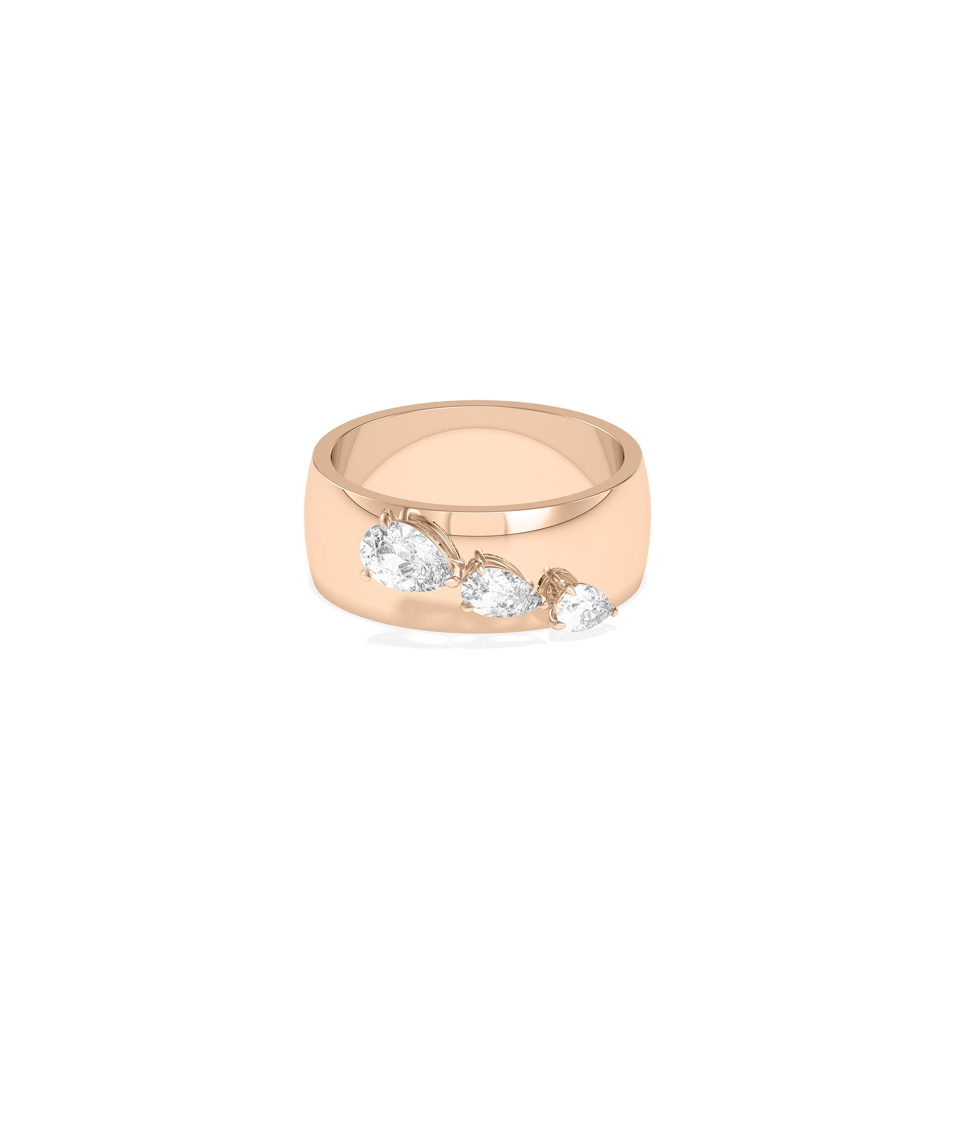 Wide rose gold band ring featuring three graduating pear-cut diamonds set in prongs along the front face.