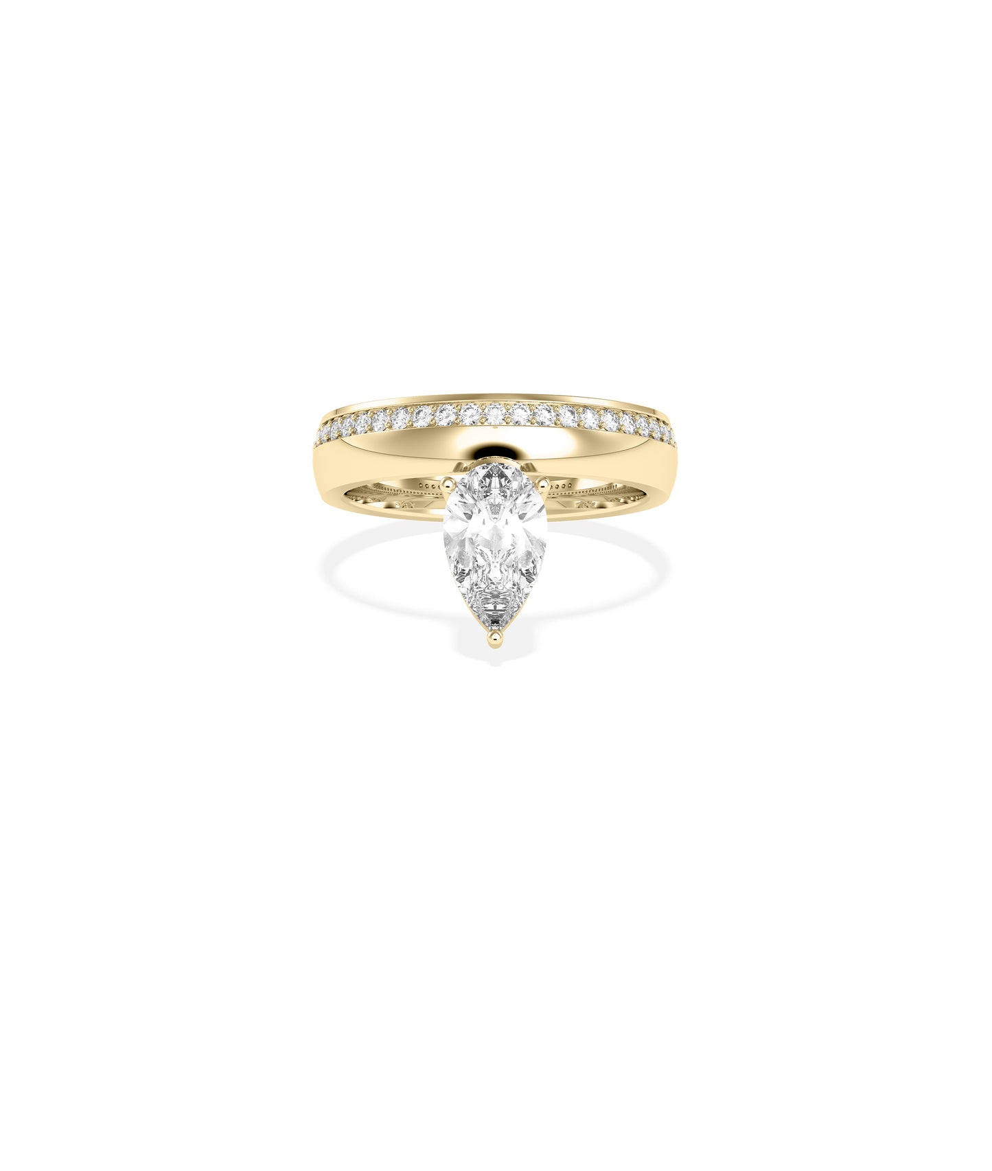 Pear-cut diamond solitaire engagement ring in yellow gold with pavé diamond band, front view