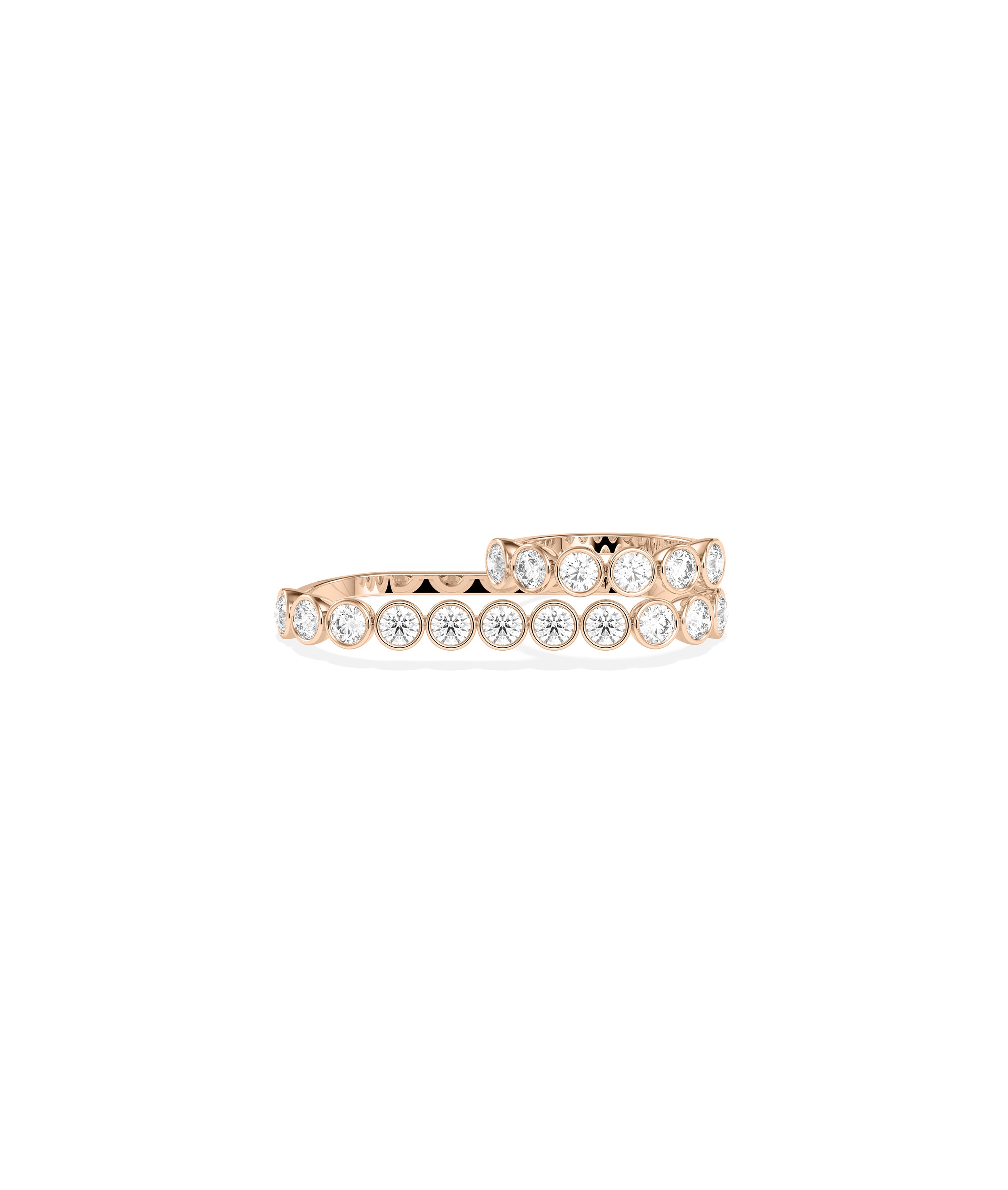Rose gold wrap bangle bracelet with two rows of round bezel-set diamonds