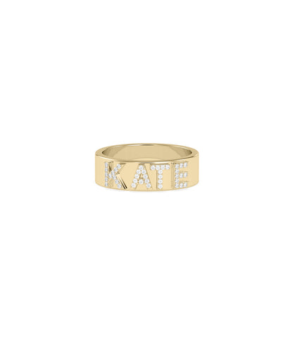 Personalized KATE diamond pavé name band ring in polished 14k yellow gold