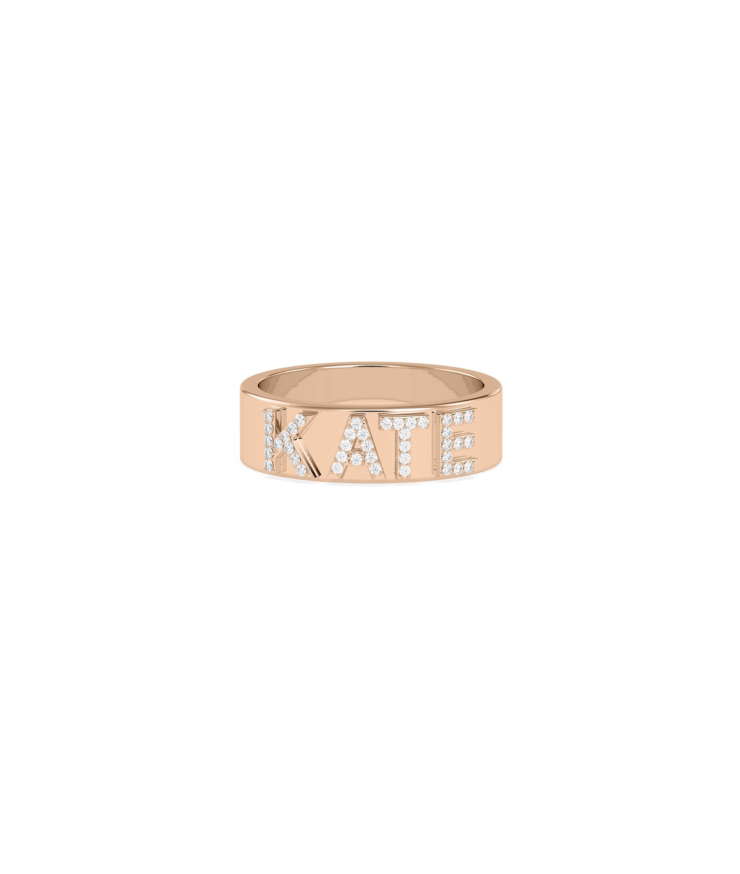 Rose gold personalized name band ring with diamond pavé letters spelling KATE