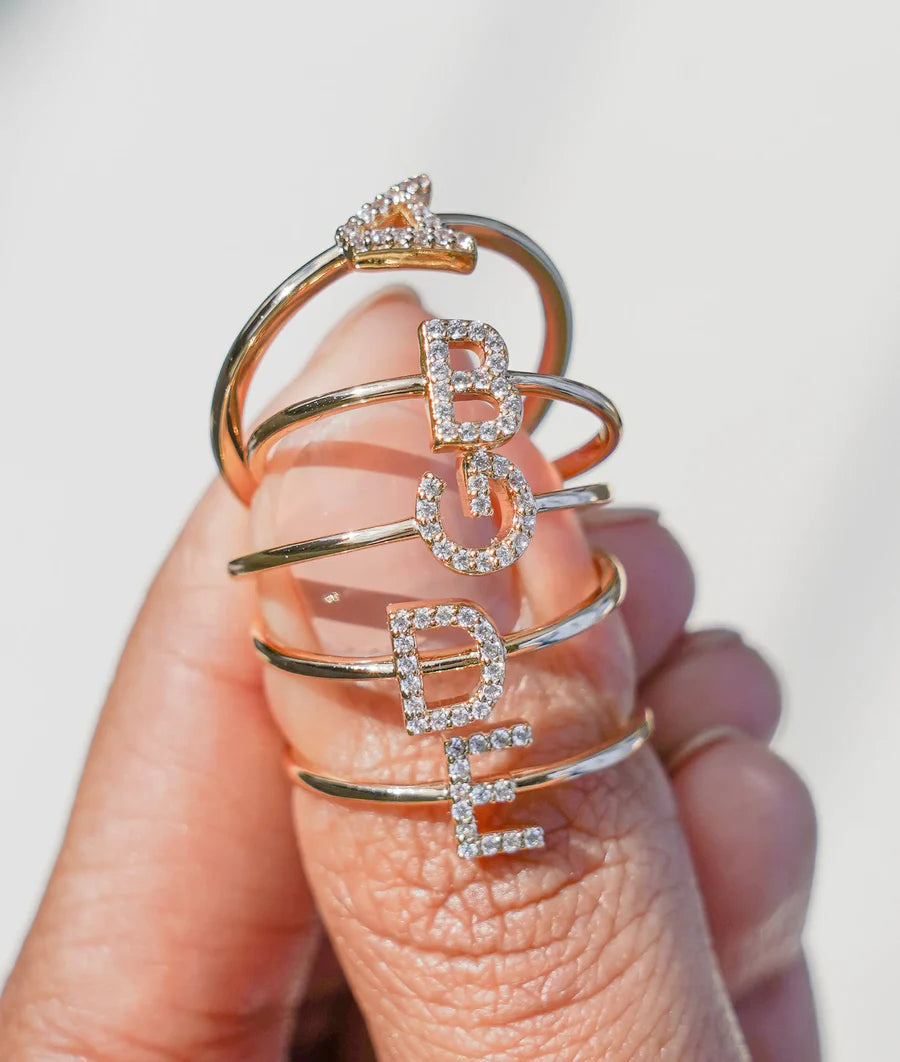 Lab diamond initial letter ring in 14K solid gold personalized
