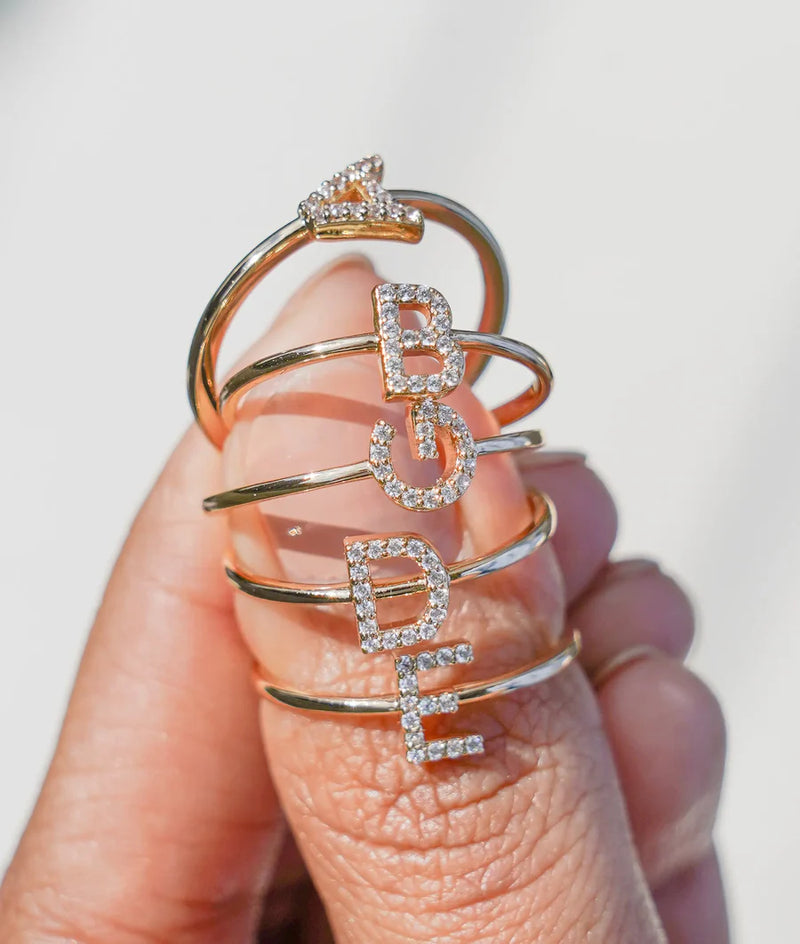Lab diamond initial letter ring in 14K solid gold personalized
