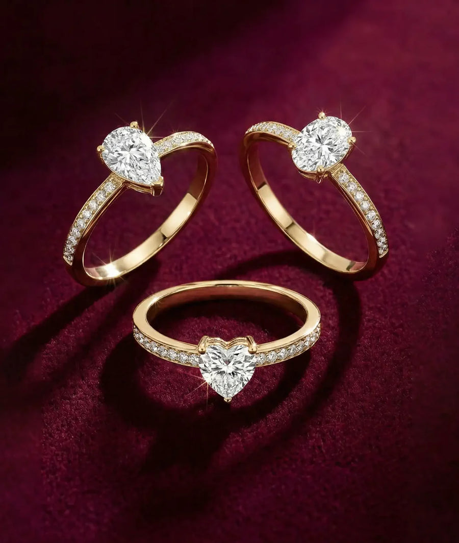 Diamond pavé heart solitaire ring in 14K solid gold, three shapes shown