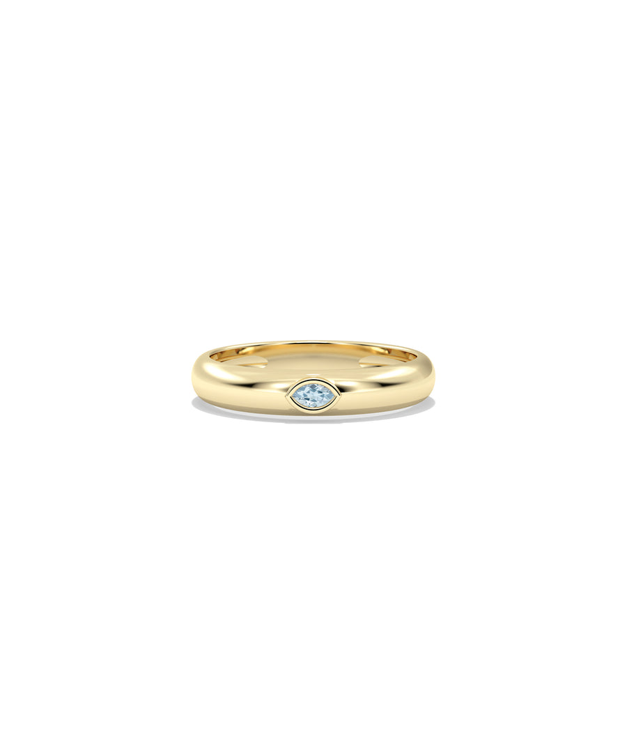 14K yellow gold band ring with bezel-set marquise aquamarine gemstone