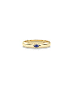 14K solid yellow gold band ring with bezel-set marquise blue sapphire