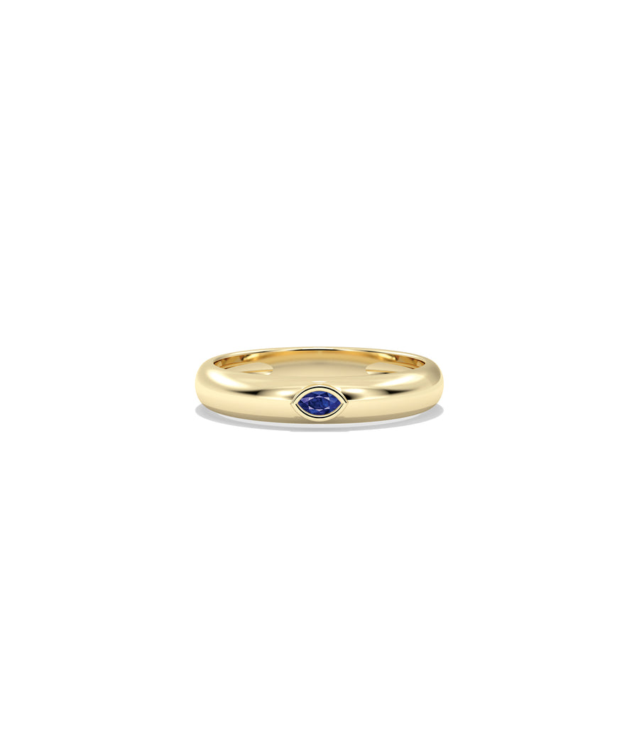 14K solid yellow gold band ring with bezel-set marquise blue sapphire