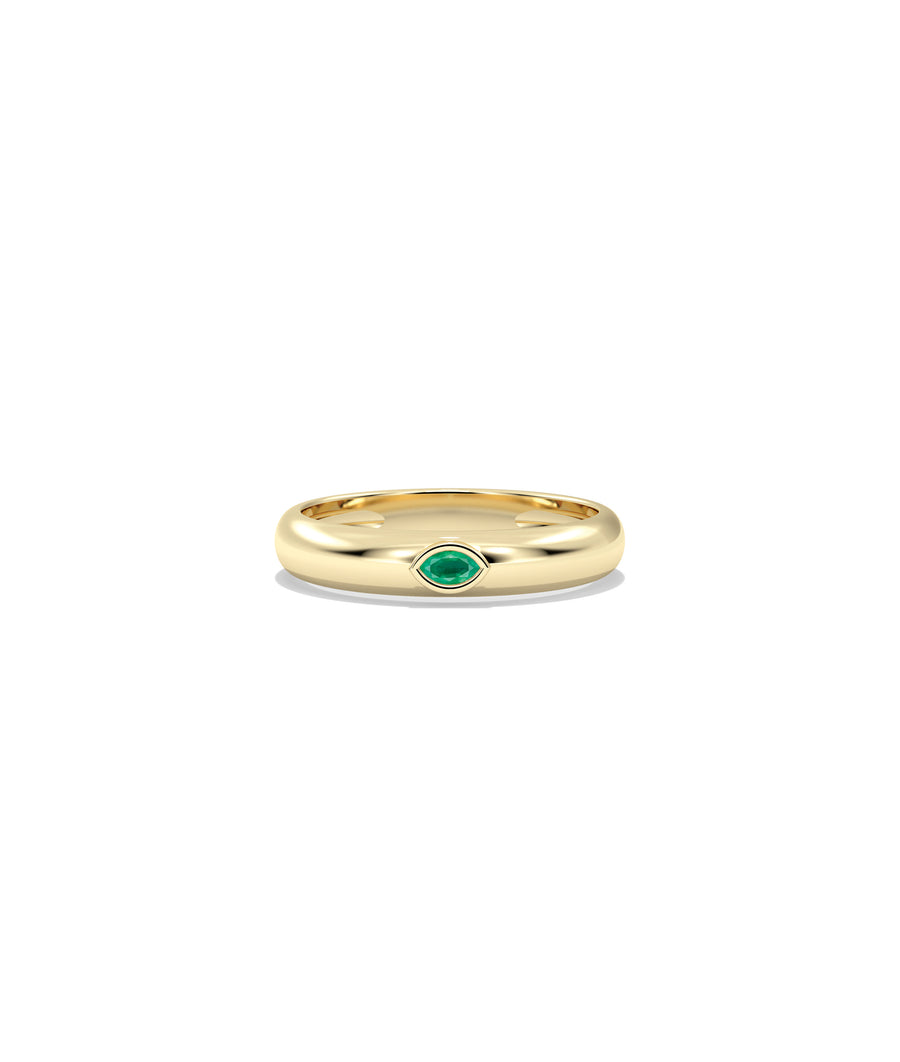 14K solid yellow gold band ring with bezel-set marquise emerald gemstone