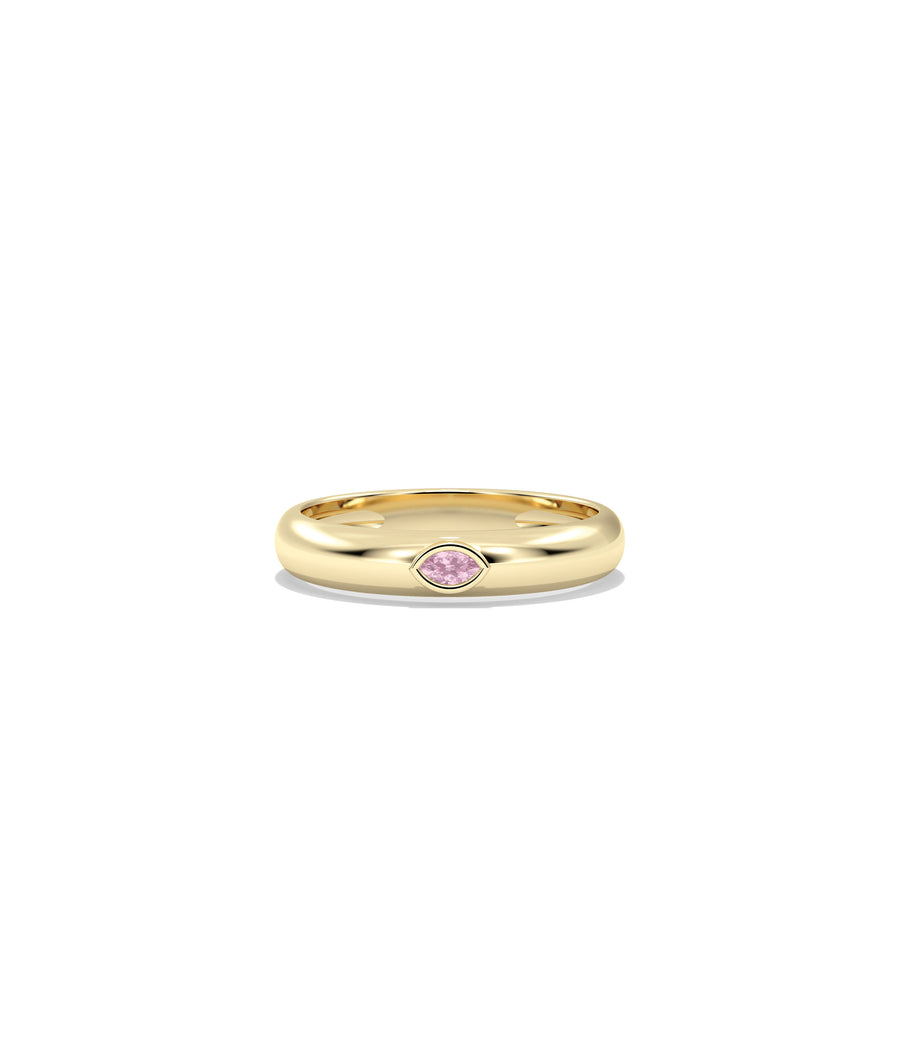 14K solid yellow gold band ring with bezel-set marquise pink sapphire
