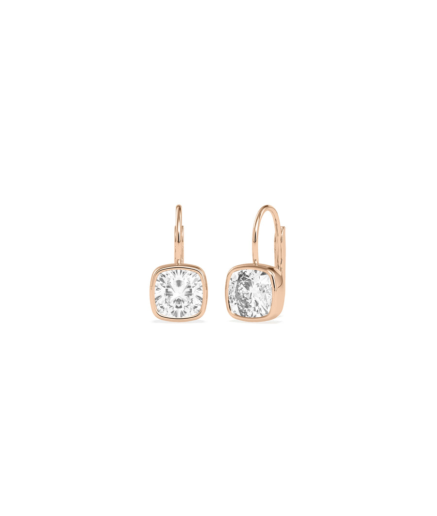 Bezel cushion diamond drop earrings in 14K rose gold