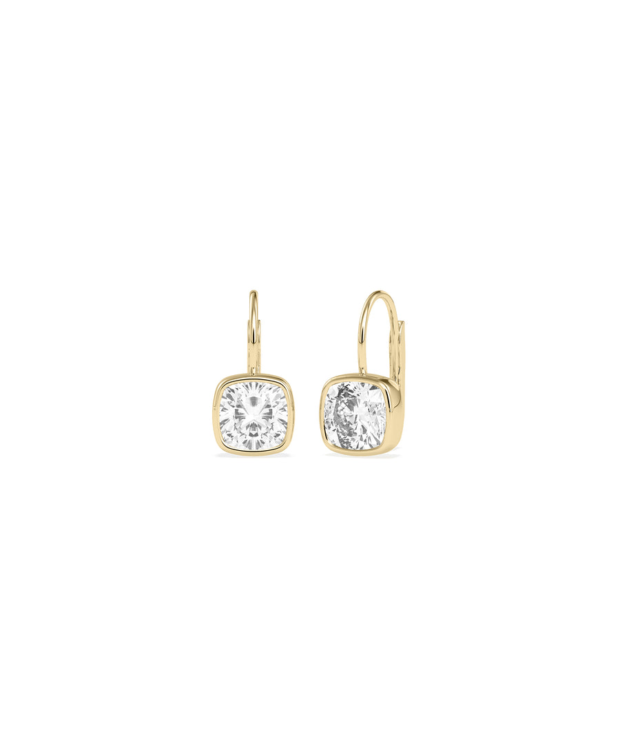Bezel cushion diamond drop earrings in 14K yellow solid gold
