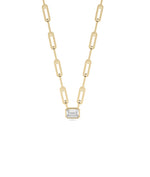 Bezel diamond solitaire paper clip necklace in yellow gold