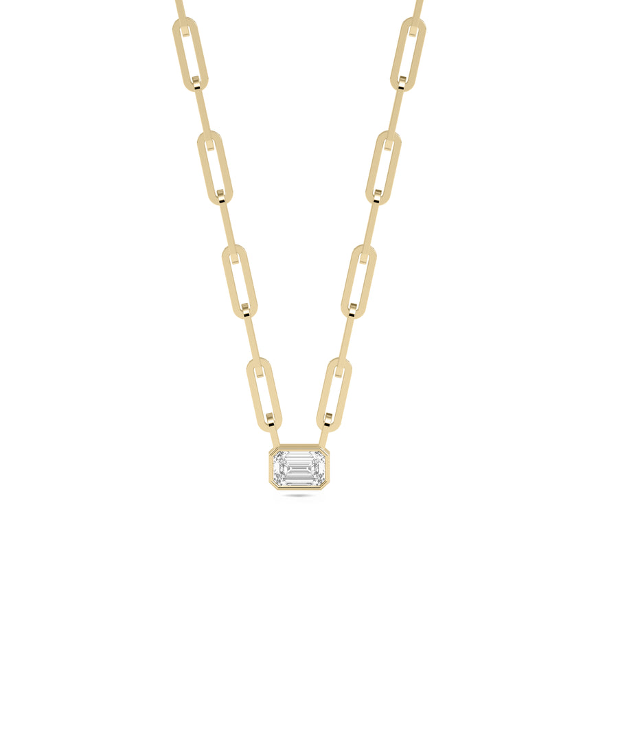 Bezel diamond solitaire paper clip necklace in yellow gold