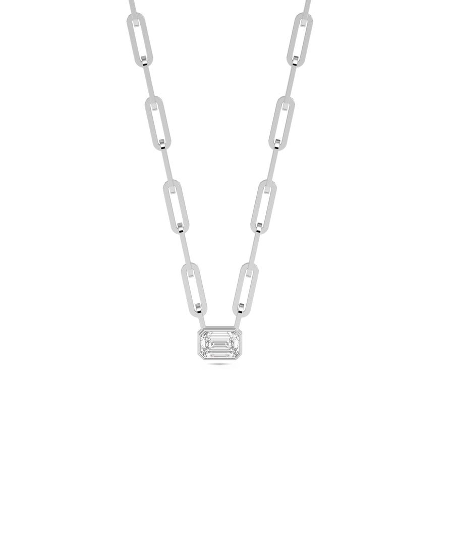 Bezel diamond solitaire paper clip necklace in white gold