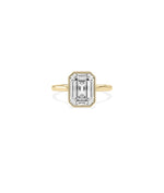 Bezel set emerald lab diamond solitaire ring in yellow gold