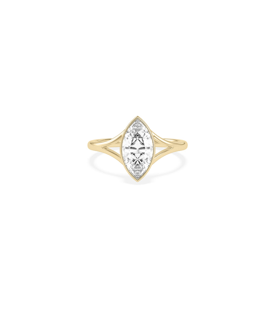 Bezel set marquise lab diamond solitaire ring in yellow gold