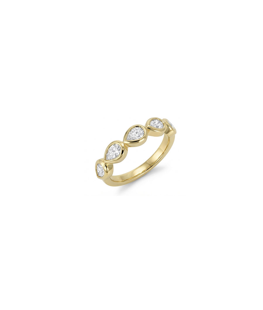 Bezel pear diamond band ring in yellow gold side profile view