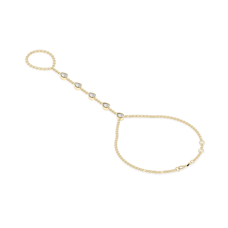 Bezel pear lab diamond hand chain bracelet in 14K yellow gold side profile