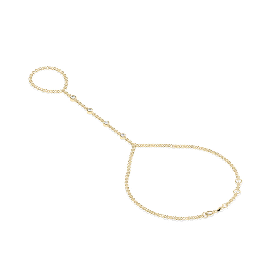 Dainty bezel set lab diamond hand chain bracelet in 14K yellow gold