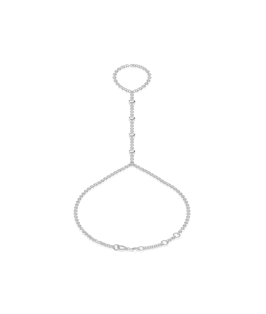 Dainty bezel set round lab diamond hand chain bracelet in 14K white gold