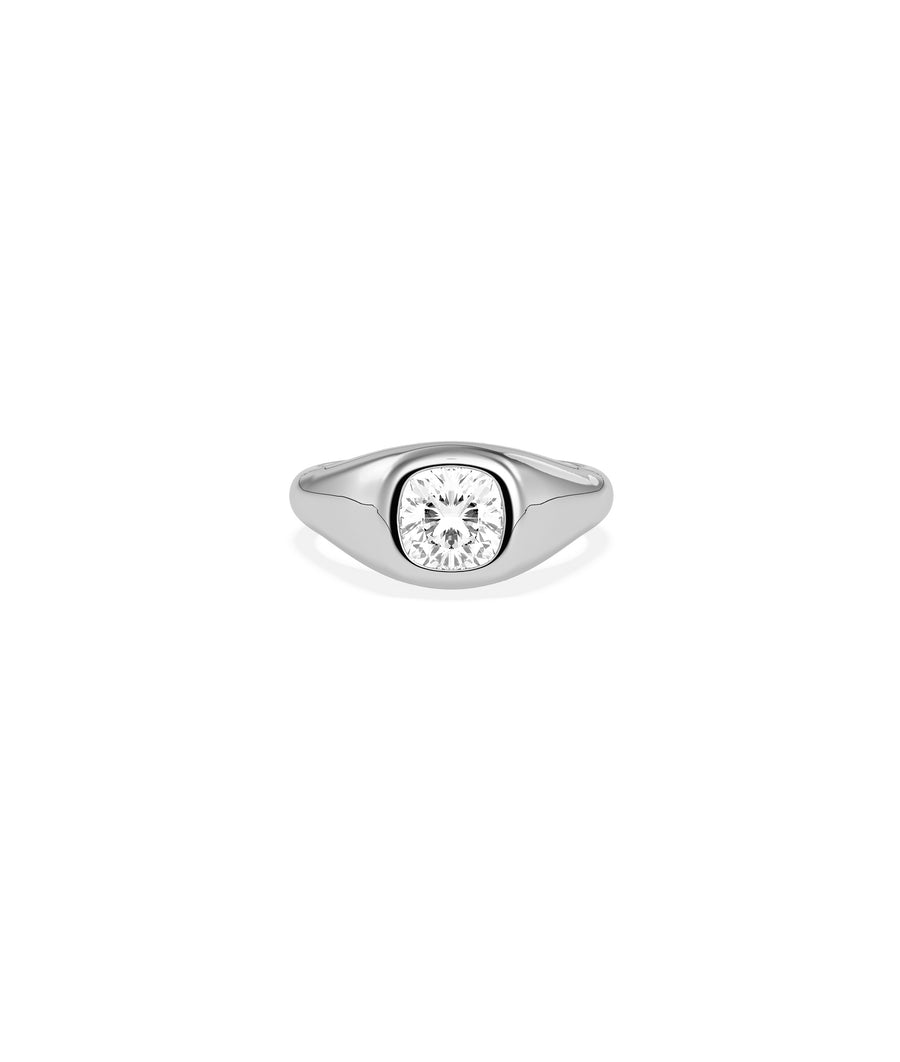 Bezel signet cushion lab diamond ring in 14K white gold